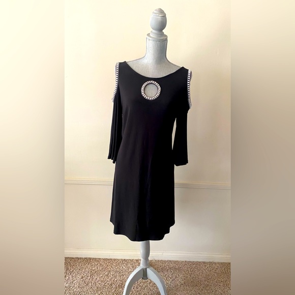 JBS 🖤BLACK🖤 EMBELLISHED COLD-SHOULDER COCKTAIL DRESS SIZE LARGE 🌟EUC🌟 - Picture 2 of 15